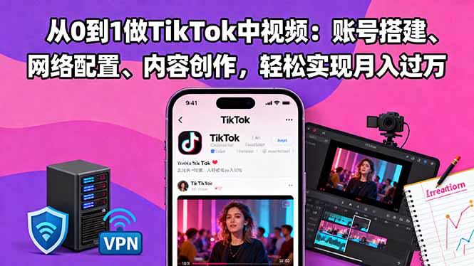 从0到1做TikTok中视频：账号搭建、网络配置、内容创作，轻松实现月入过万-盈科项目资源网