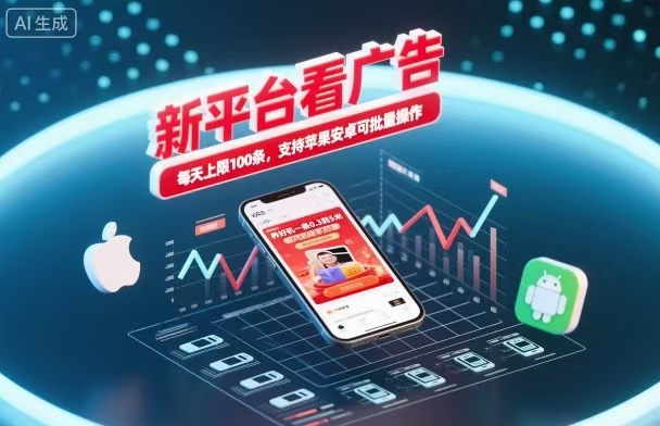 新台看广告，养好机一条5毛到5块，单机日入30到100，支持苹果安卓，可批量操作。-盈科项目资源网